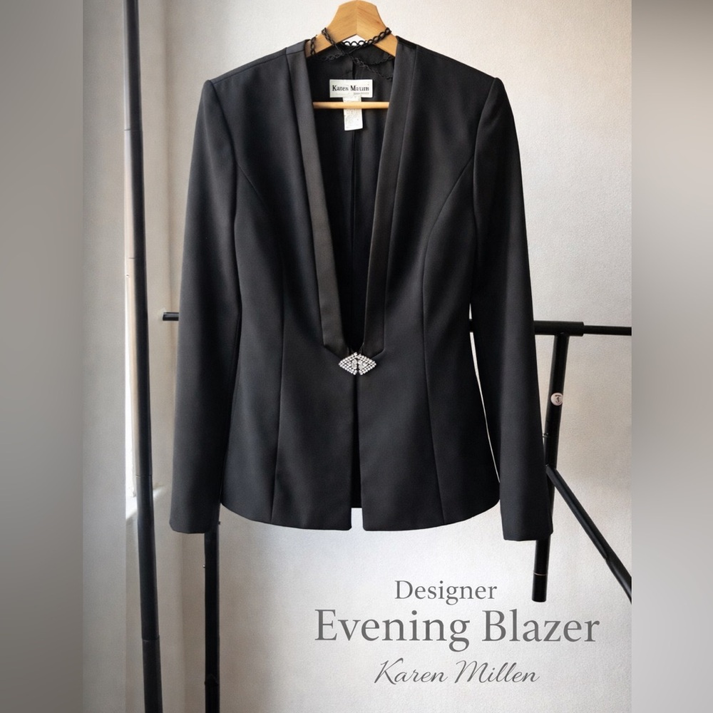 Karen Millen Black Evening Blazer Size S | Fitted | Crystal Detail | Like New